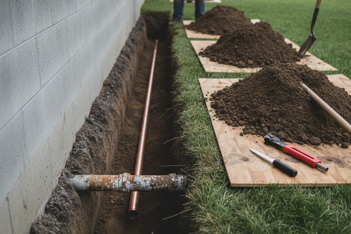 Excavated water line trench during Water Softener Installation in Poplar Grove